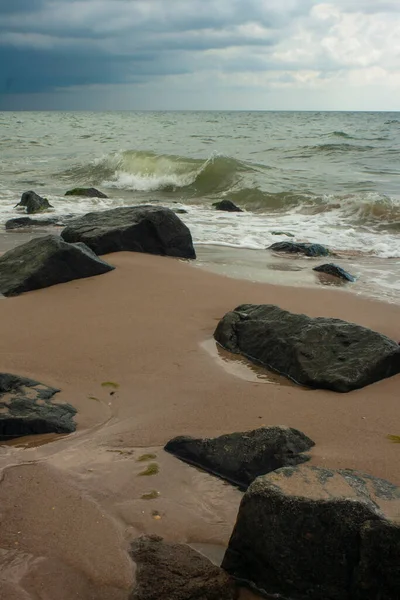 Große Welle Leeren Ufer Nasser Sand Strand Salzwasser Schäumt — Stockfoto