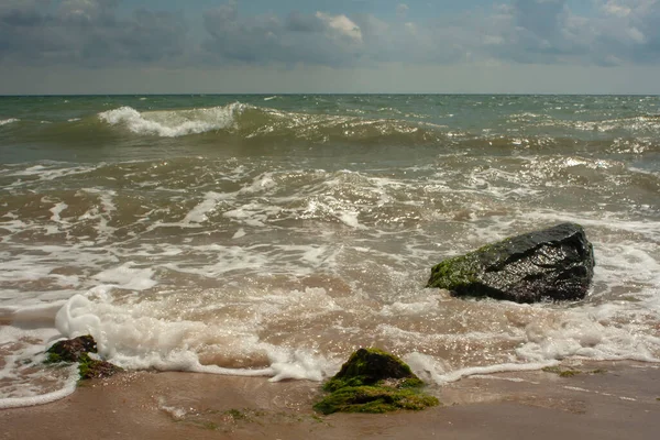 Eine Große Welle Rollt Land Stein Bedeckt Von Grünem Moos — Stockfoto