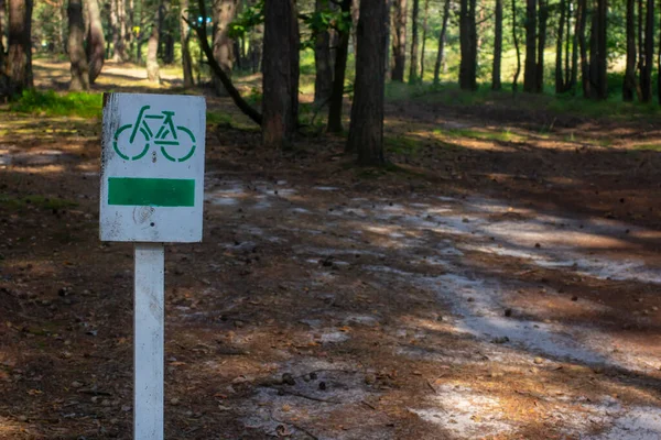 Bikeway in the forest. Wooden road sign \