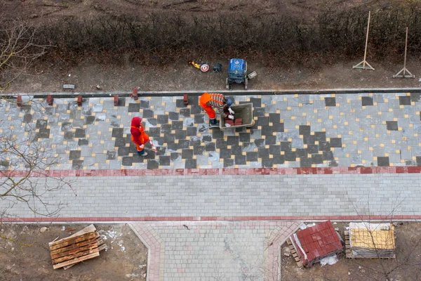 Masters Lays Paving Stones Sidewalk Repair Road Workers Aerial View — Stock Photo, Image