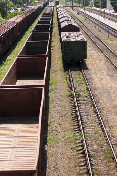 Empty wagons and freight wagons at a railway station