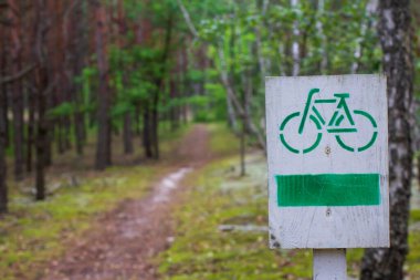Ormanda bisiklet yolu. Bisiklet yolu ahşap işareti.