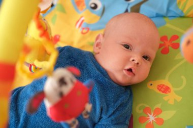 Yeni doğan bebek gülümsüyor. 3 aylık şirin bir bebeğin parlak bir battaniyeye uzanmış portresi.