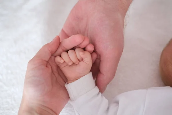 父母把新生婴儿的手搂在怀里。手拉紧 — 图库照片