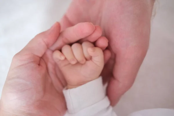 Los padres sostienen la mano de su bebé recién nacido en sus brazos. — Foto de Stock