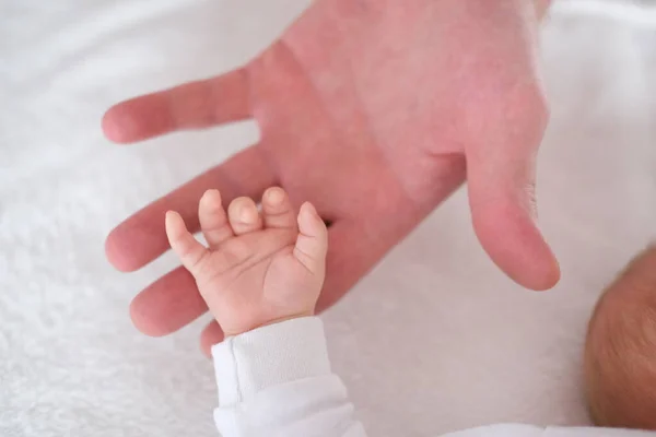 Um pai segura a mão de seu bebê recém-nascido na palma da mão. Mãos ao alto — Fotografia de Stock