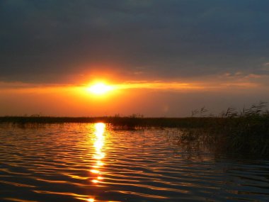 Sonbahar güneşi ufukta batıyor. Gölün üzerinde güzel bir sonbahar günbatımı. Osenneye solntse saditsya za gorizont. Krasivyy osenniy nad ozerom.