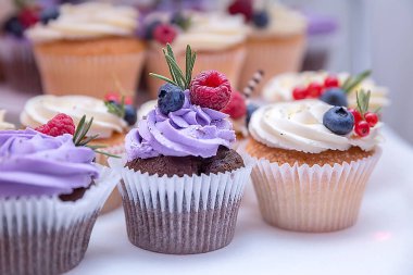 Yaban mersini ve ahududu, leylak kremalı bir tatil keki farklı lezzetli kekler..