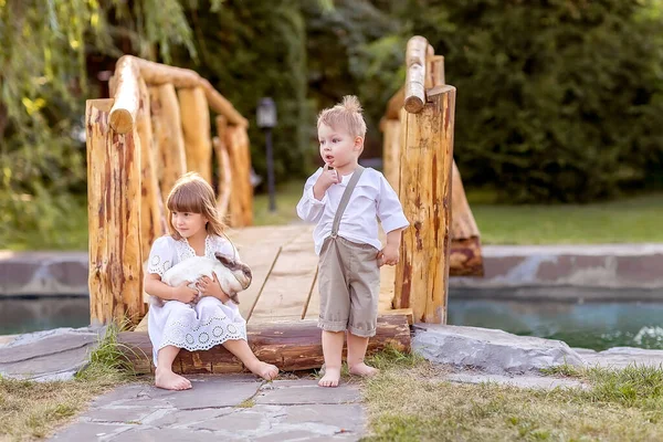 Een Meisje Zit Een Brug Een Rivier Houdt Een Konijn — Stockfoto