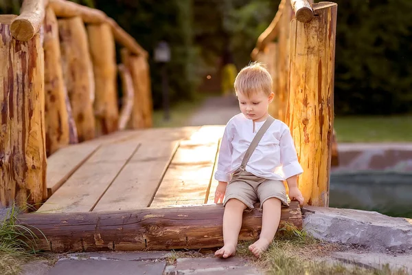 一个男孩坐在河上的一座桥上 男孩想了想 自然漫步 — 图库照片