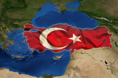 Türkiye haritası, gömülü ulusal bayrak ile uzaydan görüş. NASA 'dan görüntü elemanları. 3B illüstrasyon
