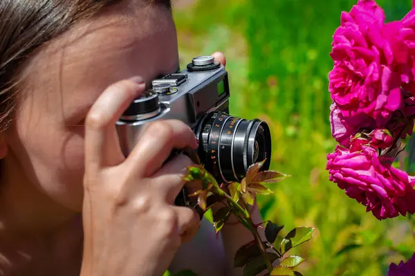 Hermosa joven fotógrafa sostiene una cámara retro y tomar una foto de rosa en flor. Vista lateral, enfoque selectivo — Foto de Stock
