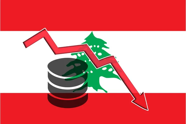 La crisis económica en Líbano. Gráfico de declive en el fondo de las monedas y la bandera libanesa. —  Fotos de Stock