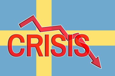İsveç bayrağının arka planında sonbahar grafik ve kelime krizi. İsveç 'te ekonomik kriz ve durgunluk.