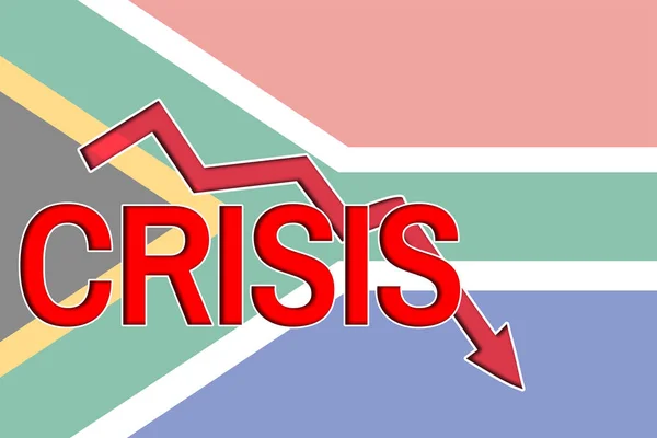 Queda gráfico e crise de palavras no fundo da bandeira da África do Sul. Crise económica e recessão na República da África do Sul. — Fotografia de Stock