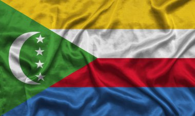 Kumaş desenli komoros ulusal bayrağı. Rüzgarda sallanan Komoros bayrağı. 3B illüstrasyon.