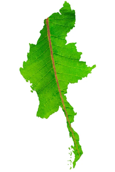 Kaart Van Myanmar Groene Bladtextuur Een Witte Geïsoleerde Achtergrond Ecologie — Stockfoto