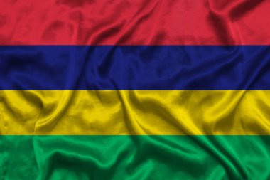 Mauritius ulusal bayraklarının kumaş dokusu. Mauritius 'un bayrağı rüzgarda sallanıyor. Doğal oranlar. 3B illüstrasyon