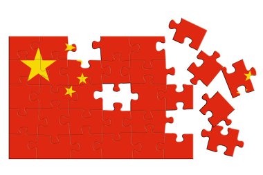 Üzerinde Çin bayrağının izi olan bir yapboz. Bulmacanın bazı parçaları dağınık ya da bağlantısız. İzole edilmiş arka plan. 3d illüstrasyon.