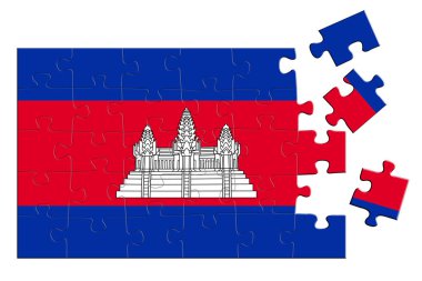 Üzerinde Kamboçya bayrağının izi olan bir yapboz. Bulmacanın bazı parçaları dağınık ya da bağlantısız. İzole edilmiş arka plan. 3d illüstrasyon.