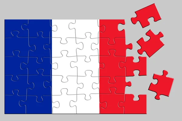 프랑스 국기가 인쇄되어 퍼즐은 조각들이 흩어져 있거나 연결되어 — 스톡 사진