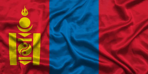 Fondo de la bandera nacional de Mongolia con textura de tela. Bandera de Mongolia ondeando en el viento. Las proporciones naturales. Ilustración 3D. — Foto de Stock