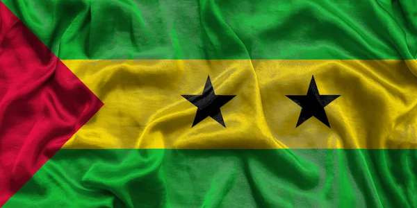 Saint Thomas och Prince nationella flagga bakgrund med tyg struktur. Flagga Demokratiska republiken São Tomé och Príncipe vinkar i vinden. 3D-illustration — Stockfoto