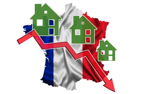 Düşen talep grafiği, düşen fiyatlar, konut ve konut kiraları, inşaatın azaltılması. Fransa bayrağına sahip harita arkaplanındaki küçük evler simgesi.
