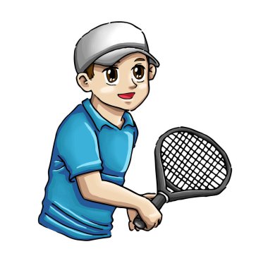 Tenis oynayan çocuk illüstrasyon vektör grafiği. Tişört resmi, simge, sembol vs. için mükemmel.