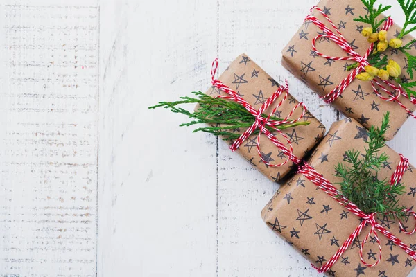 Christmas Background Fir Branches Toys Gift Box Bells Wooden Old — Stock Photo, Image