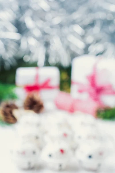 Blurred Bokeh Background New Year Toys Tinsel Bells Boxes Gifts — Stock Photo, Image