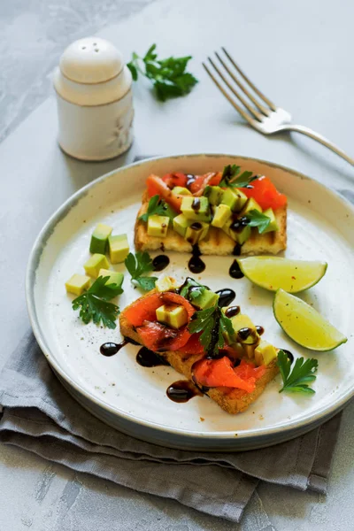 Avocado Salmon Sandwiches Balsamic Sauce Cilantro Old Olive Board Top — Stock Photo, Image