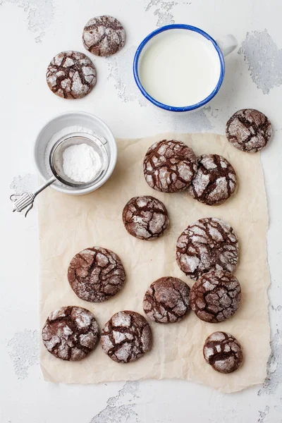 Ciasteczka Czekoladowe Brownie Cukier Puder Czekolada Crinkles — Zdjęcie stockowe