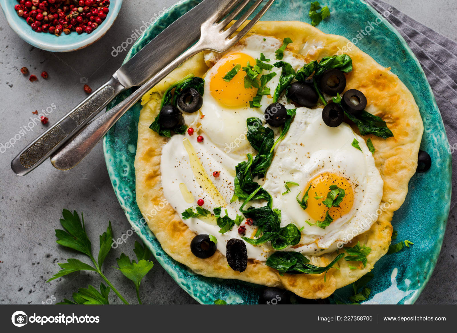 Turkish Eggs Flatbread Yoghurt Cheese Olives Spinach Red Pepper Ceramic