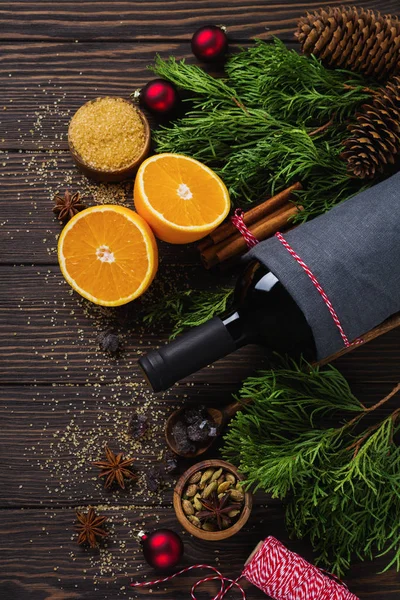 New Year Food Background Ingredients Making Christmas Mulled Wine Bottle — Stock Photo, Image