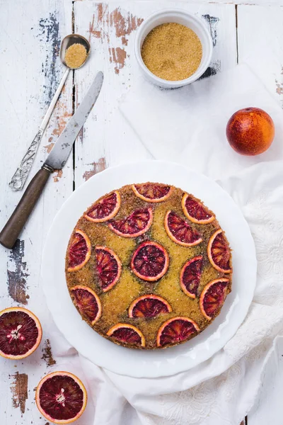 Upside Blood Orange Cake Old Light Wooden Background Rustic Stile — Stock Photo, Image