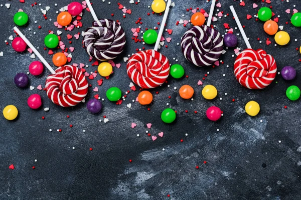 Colorful Candies Lollipops Dark Old Concrete Background Top View Copy — Stock Photo, Image