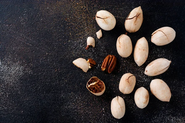 Organic Dried Pecan Wooden Bowl Dark Slate Background Top View — Stock Photo, Image