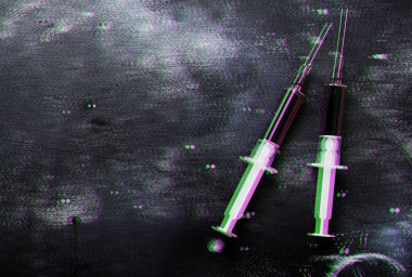 Eski beton arka planda kan laşır. 3d etkisi. Glitch tarzı etkisi. Canlı duotone sarı, mor renkler. Üstte görüntü.