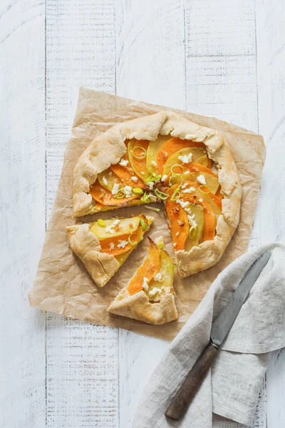 Pumpkin Potato Feta Cheese Leek Galette Pie Plate White Wooden — Stock Photo, Image