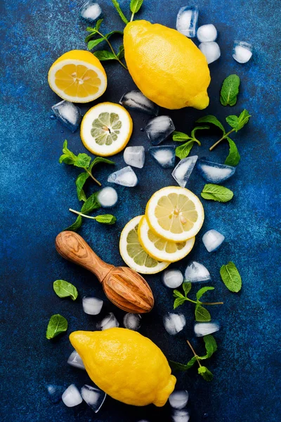 Turkuaz beton arka plan üzerinde koyu mavi plaka iki taze limon. Yemek geçmişi. Üstte görüntü.