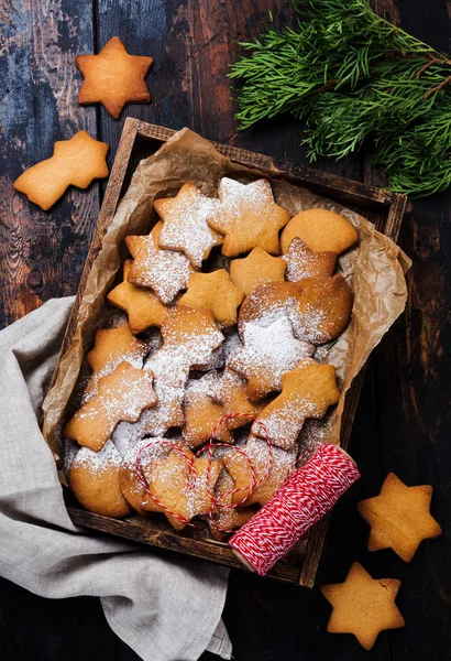 Navidad Casera Galletas Jengibre Forma Estrella Año Nuevo Caja Madera —  Fotos de Stock