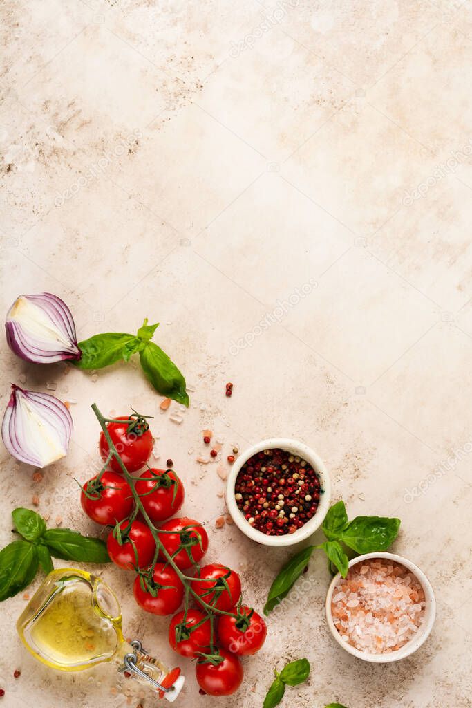 Culinary food cooking background with traditional ingredients for the preparation of Italian pasta. Top view.