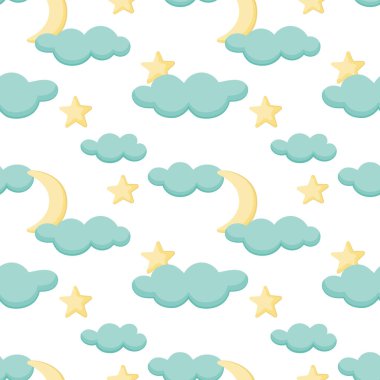 Bulutları, ayı, yıldızları olan soyut, pürüzsüz bir arka plan. Kağıt, kart, duvar kağıdı, afiş, kumaş, iç mekan için harika. Sonsuz desen.