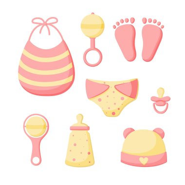 Beyaz arka planda izole edilmiş yeni doğmuş bir bebek için bir takım şeyler. Kızlar için koleksiyon. Şapka, önlük, külot, tıkırtı, şişe, emzik, ayak izleri. Vektör çizimi. Tebrik kartları ve çıkartmalar için harika. EPS10.
