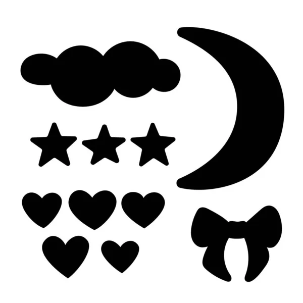 Set Clouds Hearts Stars Bow Moon Black Silhouette Isolated White — Stock Vector