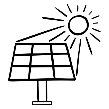 Elle çizilmiş güneş pili. Karalama. Ekoloji konsepti. Beyaz arka planda izole edilmiş. Vektör illüstrasyonu.