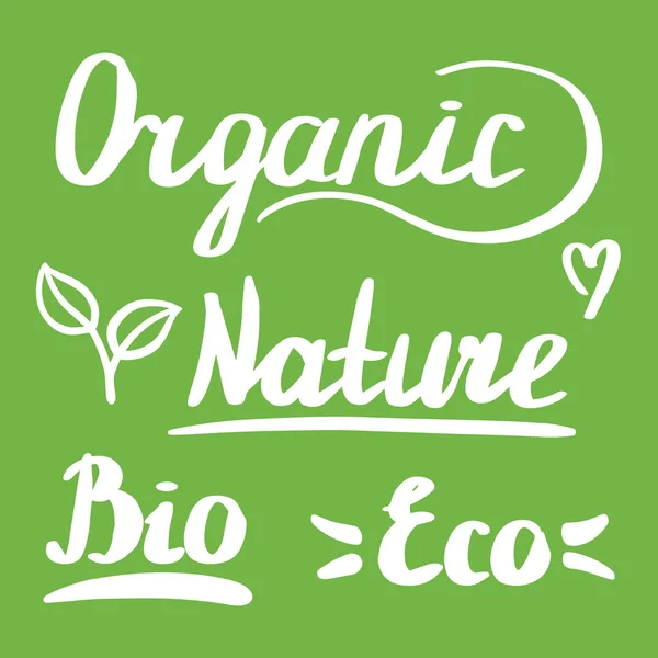 Set handgeschriebene Buchstaben Organic, Nature, Bio, Eco mit Herz und Pflanze. Vereinzelt auf grünem Hintergrund. Vektorillustration. — Stockvektor