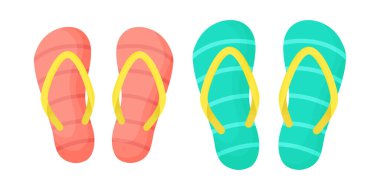 Parmak arası terlikler beyaz arka planda izole edilmiş. Çizgili renkli sandaletler. Vektör çizimi. Yaz tasarımı için harika..