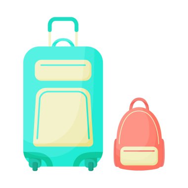 Beyaz arka planda mavi bavul ve pembe sırt çantası. Vektör çizimi. Yaz tasarımı için harika..